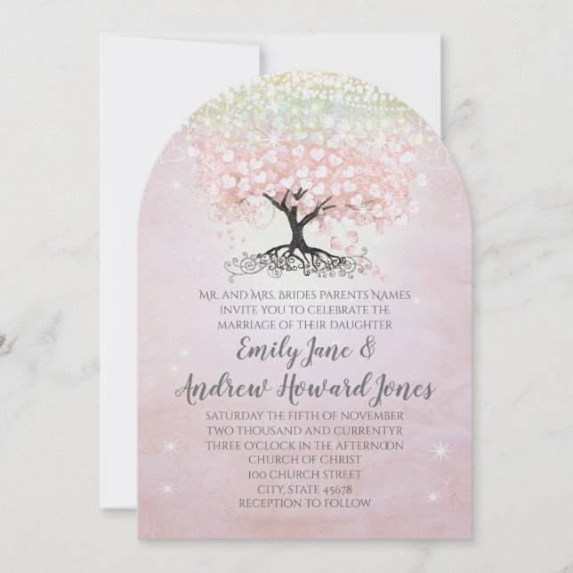 Blush Pink Heart Leaf Tree Country Wedding Invitation (Front)