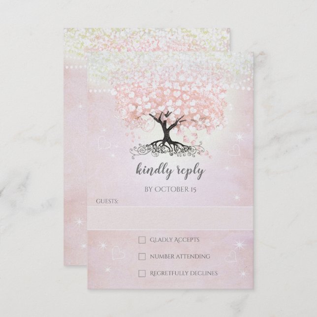 Blush Pink Heart Leaf Tree Country Wedding RSVP In Invitation (Front/Back)