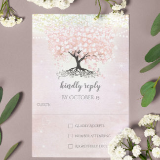 Blush Pink Heart Leaf Tree Country Wedding RSVP Invitation