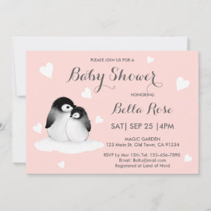 Blush Pink Heart Penguin Baby Shower Invitations