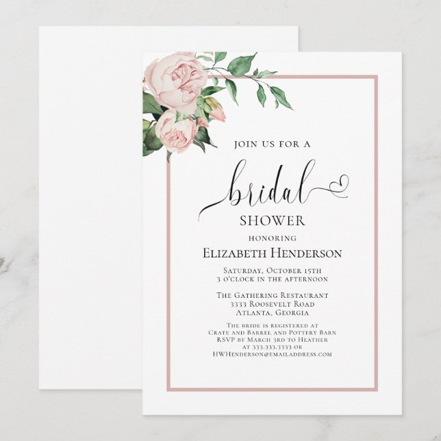 Blush Pink Heart Script Floral Bridal Shower Invitation (Front/Back)
