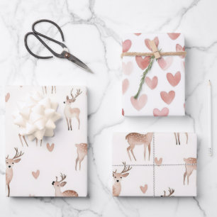 Blush Pink Hearts Cream Deer Christmas Wrapping Paper Sheet