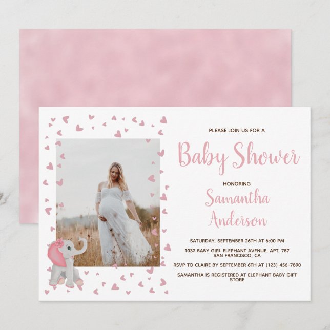 Blush Pink Hearts Elephant Baby Shower Photo Invitation (Front/Back)