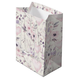 Blush Pink Hearts Purple Flowers Birthday Medium Gift Bag