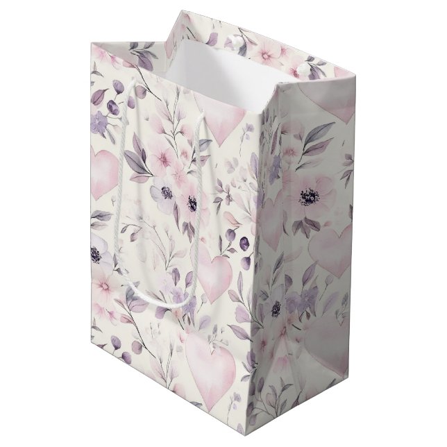 Blush Pink Hearts Purple Flowers Birthday Medium Gift Bag (Front Angled)