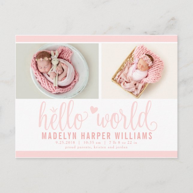 Blush Pink Hello World Photo Birth Stat Announcement Postcard (Front)
