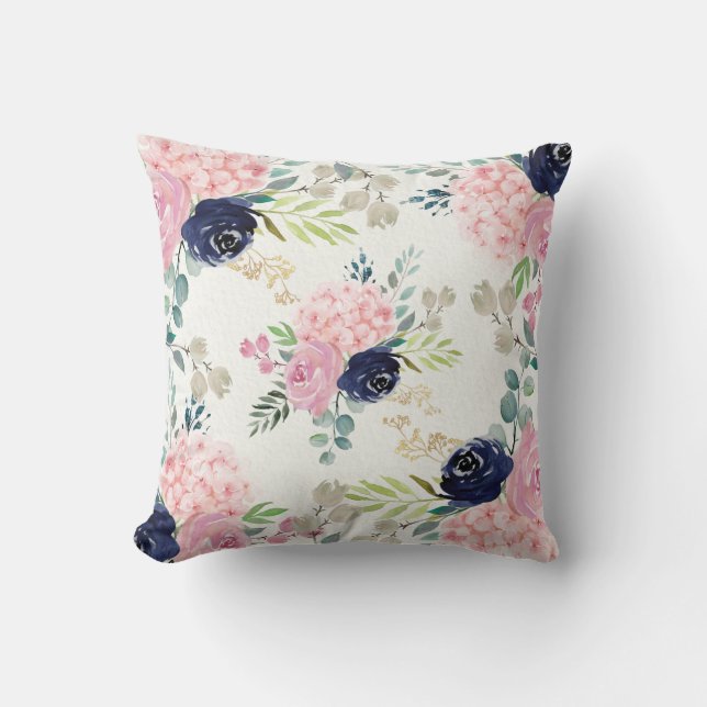 Blush Pink Hidrangea, Navy blue floral Pillow (Front)