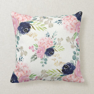 Blush Pink Hidrangea, Navy blue floral Pillow