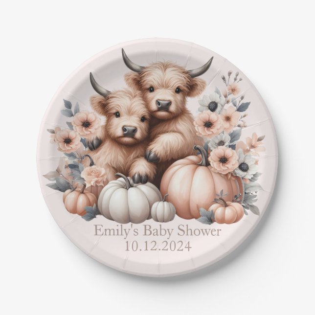 Blush Pink Highland Cow Baby Shower Plates (Front)