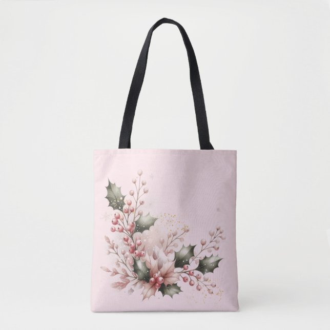 Blush Pink Holly and Berries Tote Bag (Front)