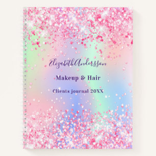 Blush pink holographic glitter name business notebook