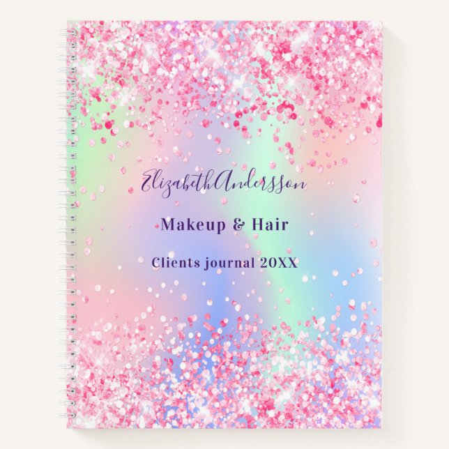 Blush pink holographic glitter name business notebook (Front)