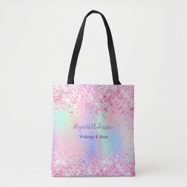 Blush pink holographic name business tote bag (Front)