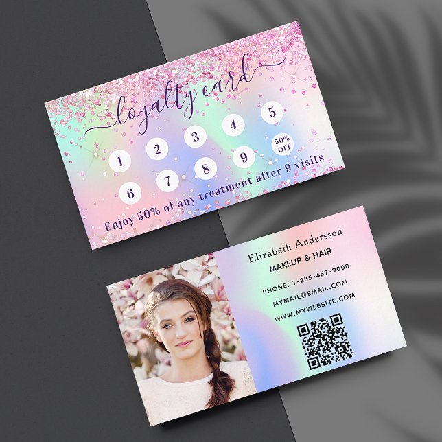 Blush pink holograpic glitter qr code photo  loyalty card (Creator Uploaded)