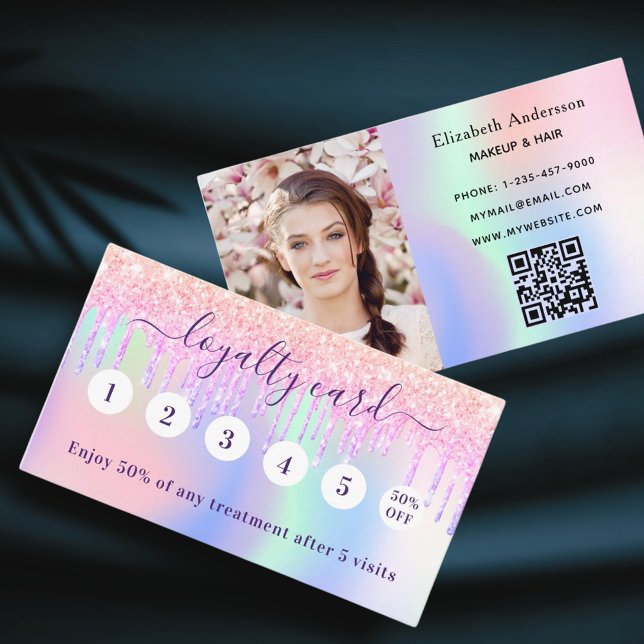 Blush pink holograpic glitter qr code photo loyalty card (Creator Uploaded)