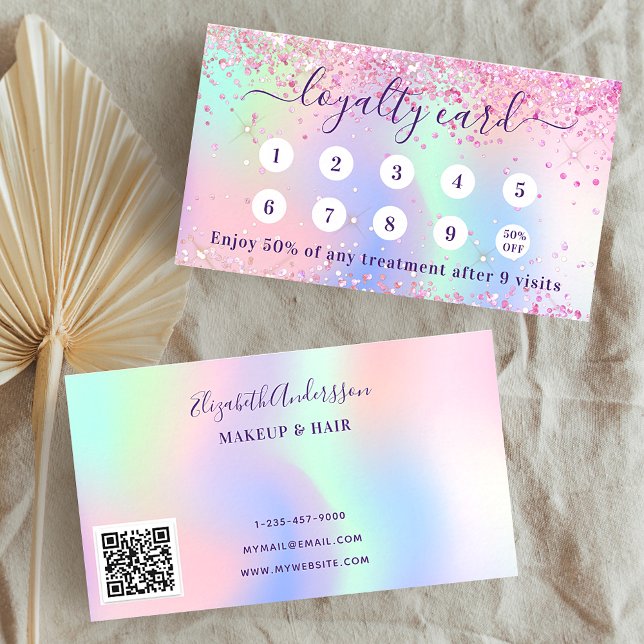Blush pink holograpic sparkles purple qr code loyalty card (Creator Uploaded)