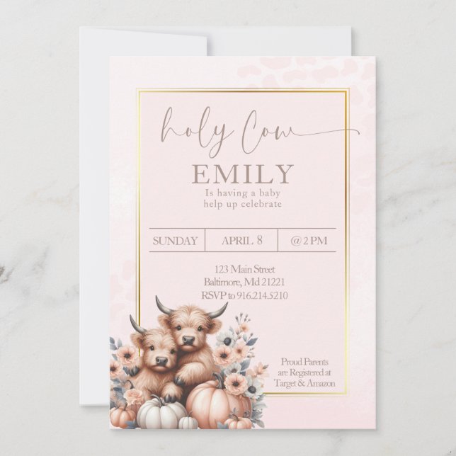 Blush Pink Holy Cow Girl Baby  Invitation (Front)