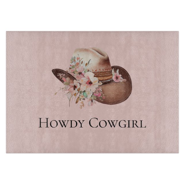 Blush Pink Howdy Cowgirl Floral Western Hats Cutting Board (Front)
