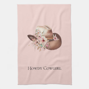 Blush Pink Howdy Cowgirl Floral Western Hats Tea Towel