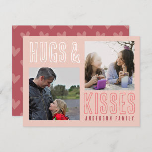 Blush Pink Hugs & Kisses 2 Family Photo Valentine Holiday Card