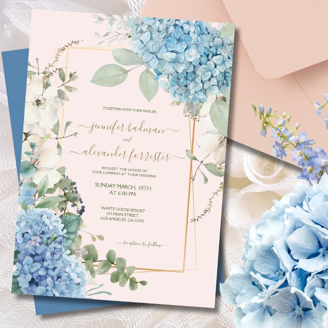 Blush Pink Hydrangea Watercolor Dusty Blue Wedding Invitation (Creator Uploaded)