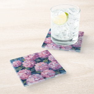 Blush Pink Hydrangeas Floral Glass Coaster