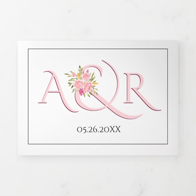 Blush pink initials, ampersand pink roses wedding Tri-Fold invitation (Cover)