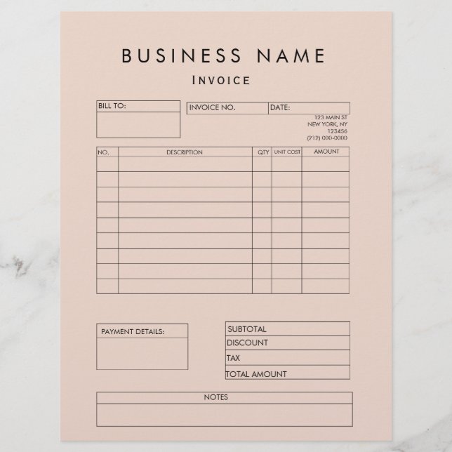 Blush Pink Invoice Small Business Supplies Custom Letterhead (Front)