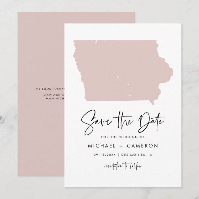 Blush Pink Iowa Map Minimalist Script Wedding Save The Date (Front/Back)