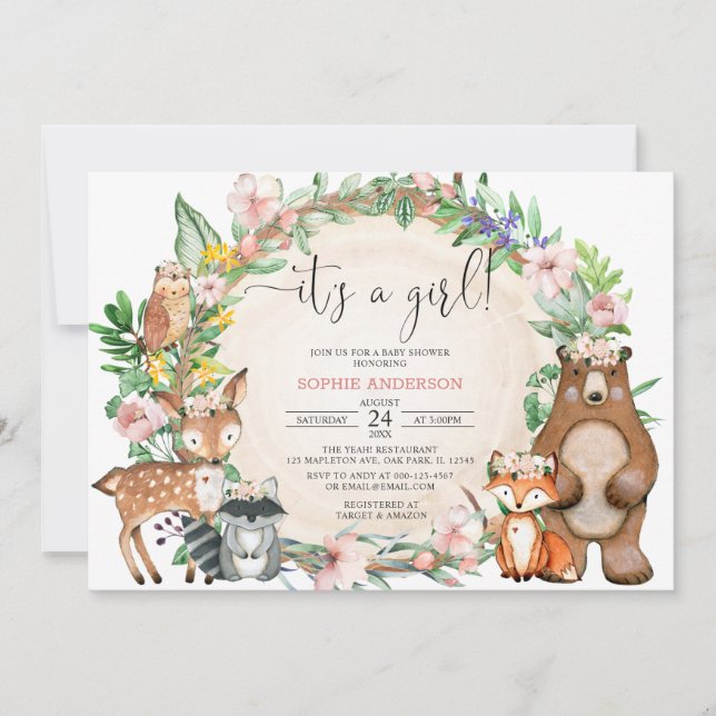 Blush Pink Its A Girl Woodland Animals Baby Shower Invitation (Front)
