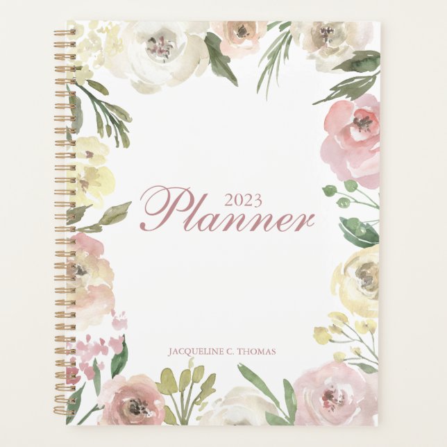 Blush Pink Ivory Floral Chic Personalised 2023 Planner (Front)