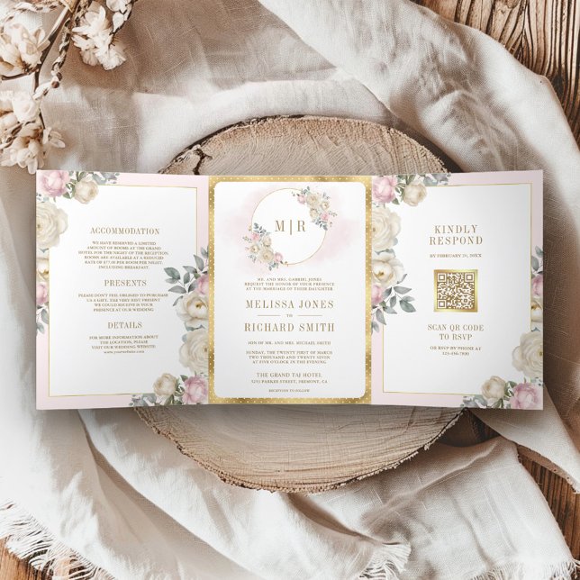 Blush Pink Ivory Floral Gold All in One Wedding Tri-Fold Invitation (Creator Uploaded)