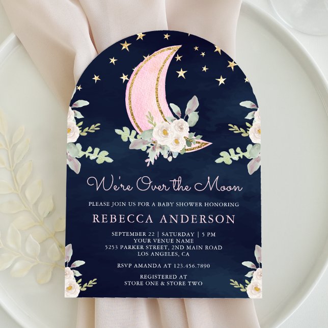 Blush Pink Ivory Floral Moon Arch Navy Baby Shower Invitation (Creator Uploaded)