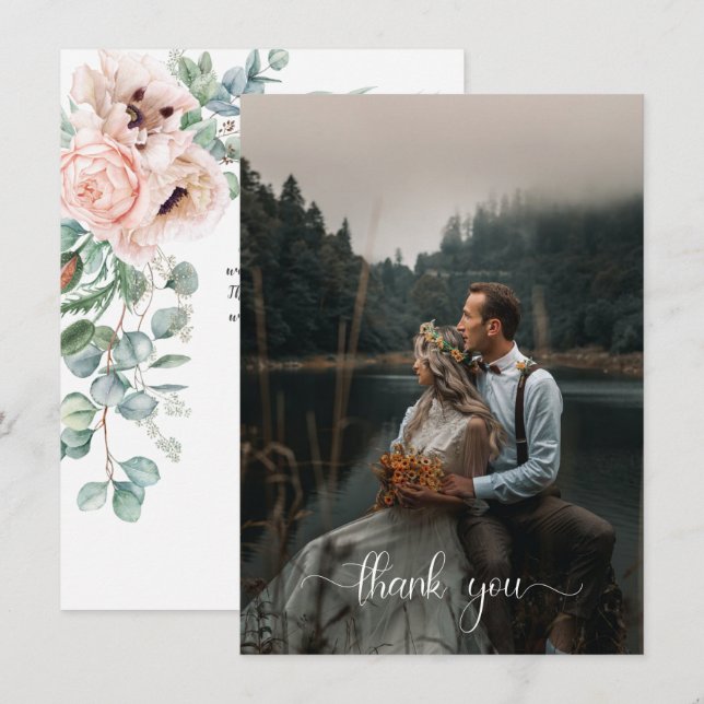 Blush Pink Ivory Floral Photo Thank You Invitation (Front/Back)