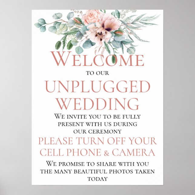 Blush Pink Ivory Floral Unplugged Wedding Ceremony Poster (Front)