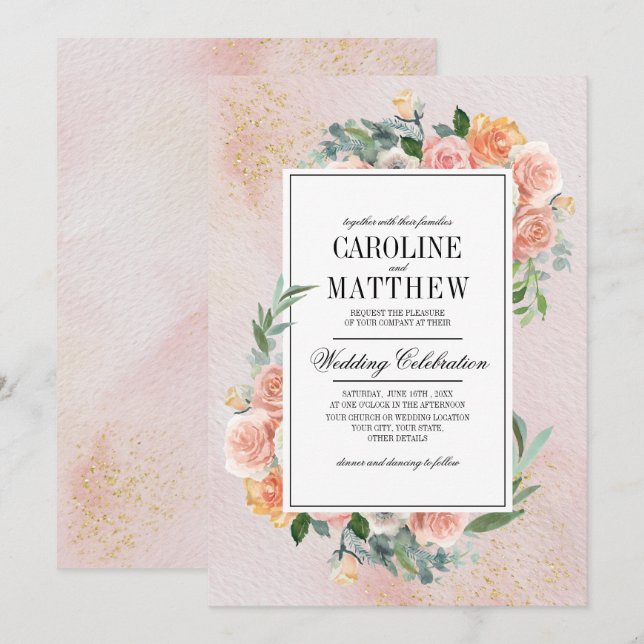  Blush Pink Ivory Floral Watercolor Wedding Invitation (Front/Back)