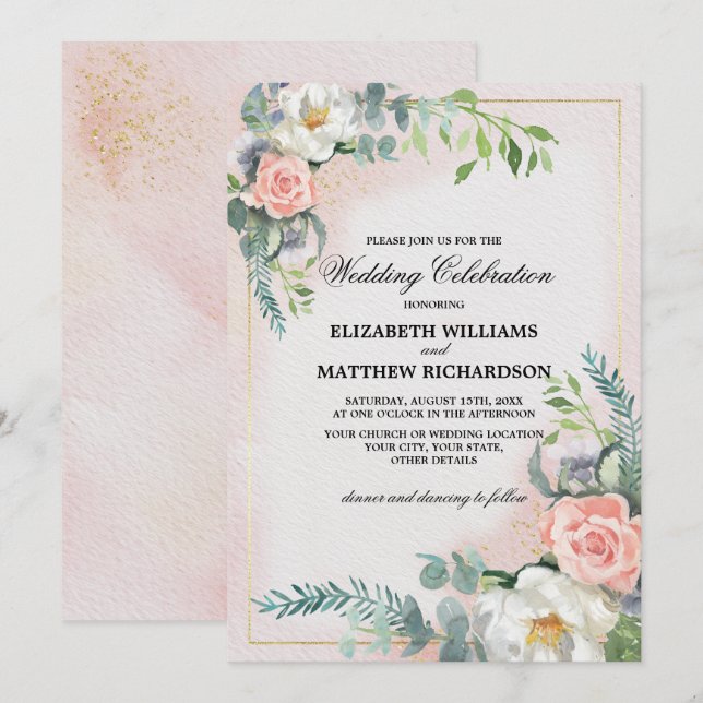 Blush Pink Ivory Floral Watercolor Wedding Invitation (Front/Back)