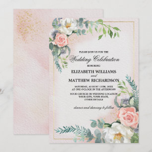 Blush Pink Ivory Floral Watercolor Wedding Invitation
