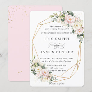 Blush Pink Ivory Floral Wedding Gold Geometric Invitation