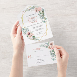 Blush Pink & Ivory Geometric Floral Wedding All In One Invitation