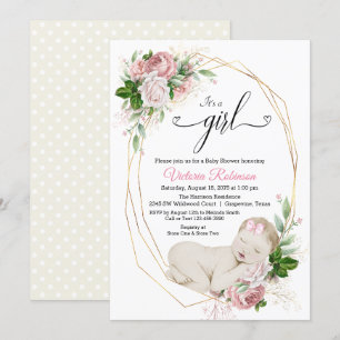Blush Pink Ivory Gold Girl Watercolor Baby Shower Invitation