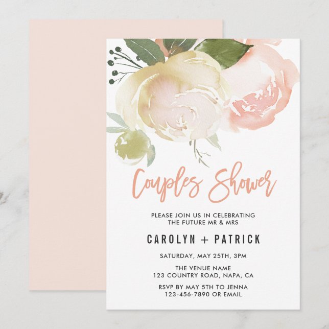 Blush Pink Ivory Peony Couples Shower Invitation (Front/Back)