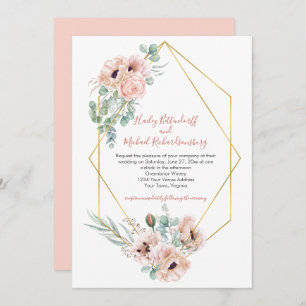 Blush Pink Ivory Poppies Greenery Gold Geometric Invitation
