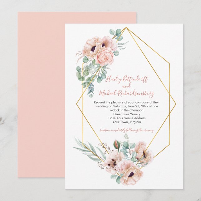 Blush Pink Ivory Poppies Greenery Gold Geometric Invitation (Front/Back)