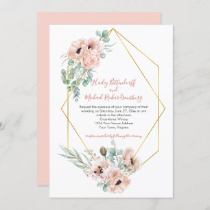Blush Pink Ivory Poppies Greenery Gold Geometric Invitation