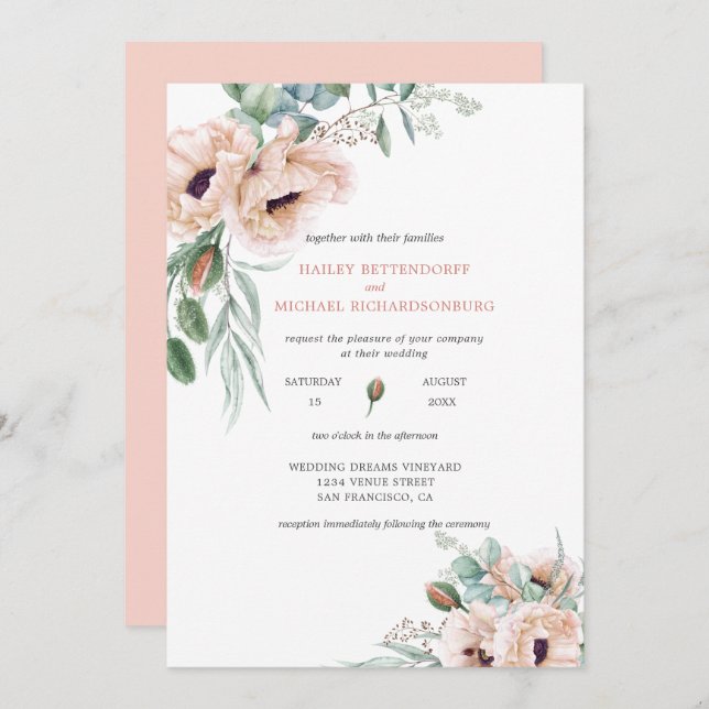 Blush Pink Ivory Poppies Greenery Watercolor Invitation (Front/Back)