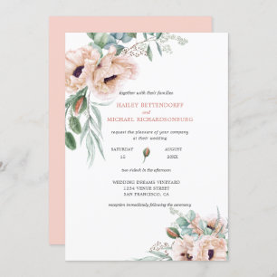 Blush Pink Ivory Poppies Greenery Watercolor Invitation