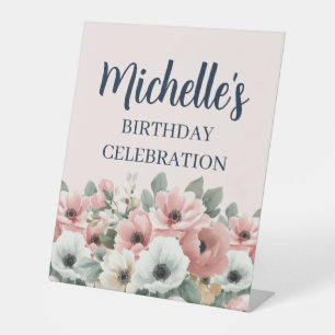 Blush Pink Ivory Sage Floral Birthday Welcome Pedestal Sign