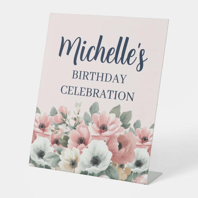 Blush Pink Ivory Sage Floral Birthday Welcome Pedestal Sign (Front)