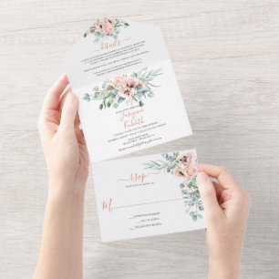 Blush Pink & Ivory Watercolor Floral Wedding All In One Invitation